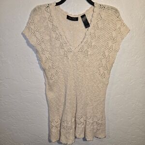 Axcess Pointelle Knit Sweater Top Large Women Cream V-Neck Scalloped Cotton